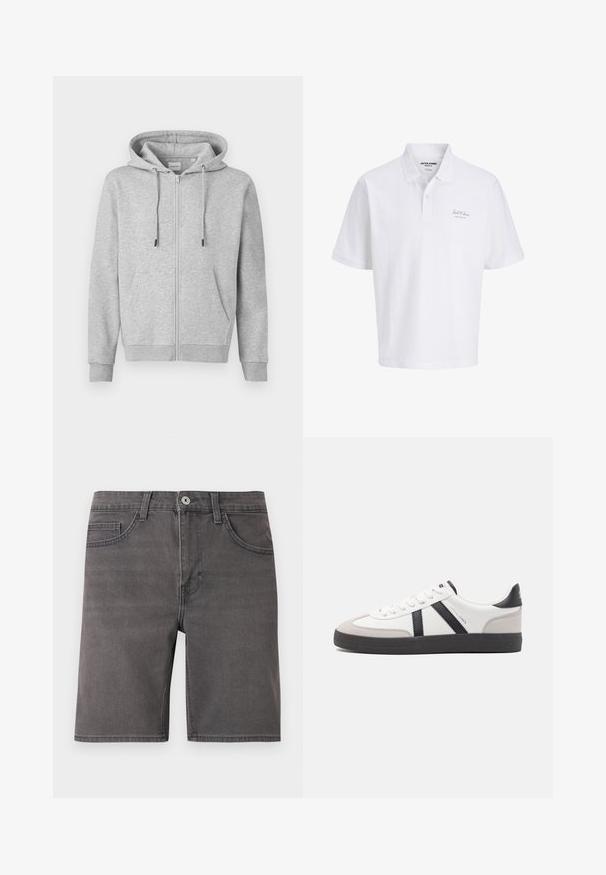 Sweat à capuche gris zippé en matière douce, avec capuche ajustable par cordon, deux poches avant, et poignets et ourlet côtelés.; Polo blanc à manches courtes avec col, patte à deux boutons et petit logo "Jack & Jones" sur la poitrine gauche.; Short en denim gris avec bouton devant, fermeture éclair, passants de ceinture et deux poches avant, présenté sur un fond blanc uni.; Baskets blanches avec des accents noirs et gris, présentant un embout texturé gris, une semelle en caoutchouc noir et des lacets plats blancs. Design épuré, style minimaliste.