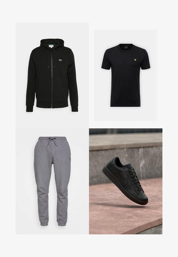 Sort zip-up hoodie lavet af en bomuldsblanding, med en frontlomme, justerbar snoretræk til hætten og et lille grønt logo på brystet.; Sort bomulds t-shirt med rund hals og korte ærmer, prydet med et lille gult ørne-logo på venstre bryst. Enkel design.; Grå bomulds sweatpants med elastisk talje, snøre, sidelommer og et lille gult logo på låret. Tapered ben design.; Sort lædersneaker med snørebånd og Nike-logo, i luften over en lyserød betonoverflade og en grå stenkant udendørs.