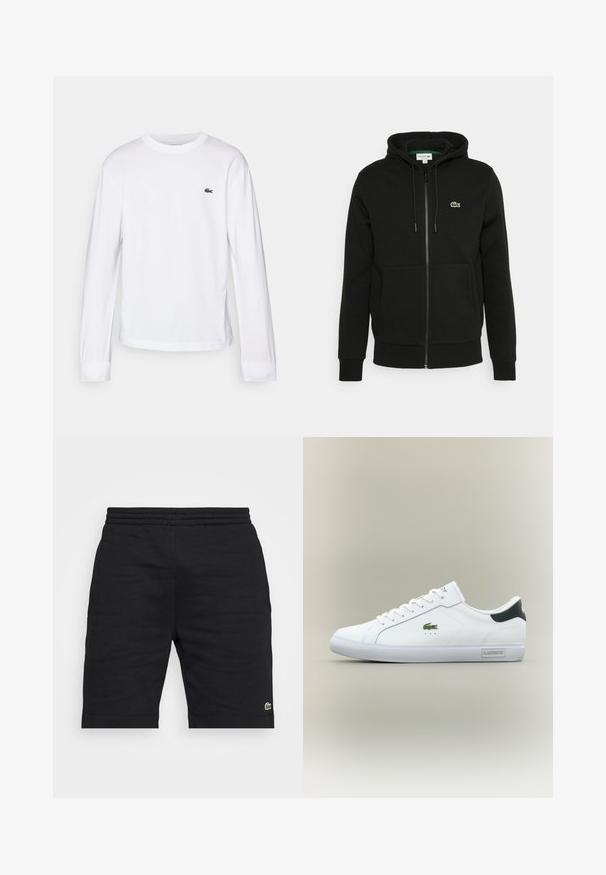 Haut à zip noir en mélange de coton, avec une poche avant, un capuchon réglable par cordon et un petit logo vert sur la poitrine.; T-shirt blanc à manches longues en coton. Doté d'un col rond côtelé et d'un petit logo vert brodé sur la poitrine. Design simple.; Shorts en coton noir avec une taille élastique et un petit logo vert en accent. Caractéristiques d'une coupe droite et d'une texture lisse.; Baskets basses blanches avec logo crocodile vert sur le côté, talon noir, lacets blancs et étiquette "Lacoste" sur le bord de la semelle.