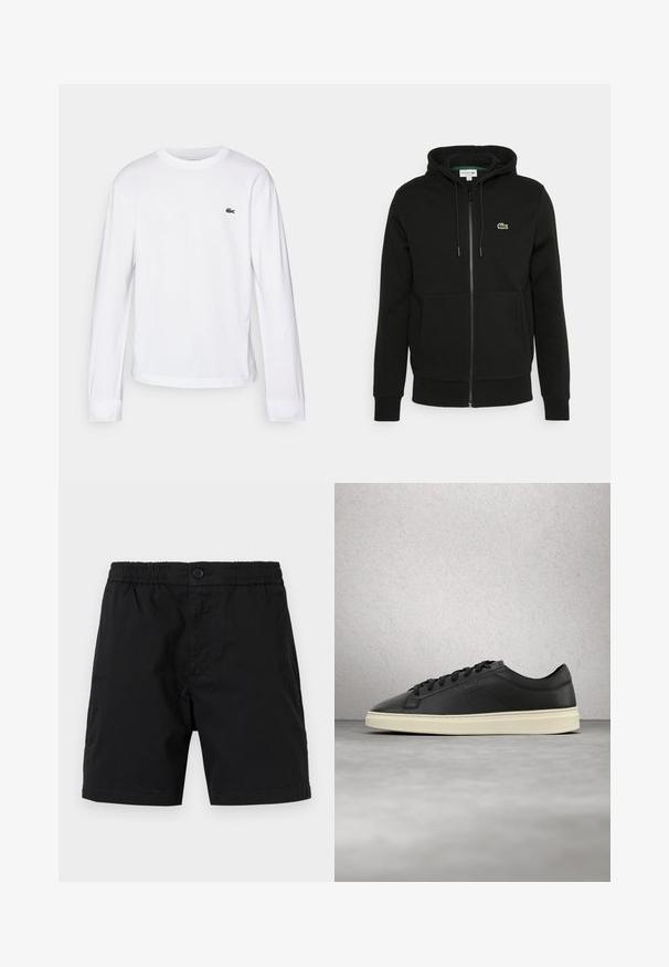 Sort zip-up hoodie lavet af en bomuldsblanding, med en frontlomme, justerbar snoretræk til hætten og et lille grønt logo på brystet.; Hvid langærmet T-shirt lavet af bomuld. Har en ribbet rund halsudskæring og et lille grønt broderet logo på brystet. Simpelt design.; Sorte herreshorts med elastisk linning, knaplukning og længde til midt på låret, vist på en neutral baggrund.; Sorte lædersneakers med rund tå, flade snørebånd og en cremefarvet gummisål, med diskret mærkning og en glat tekstur.