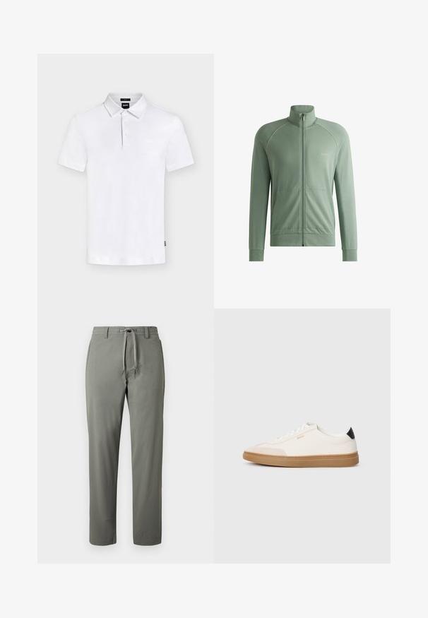 BOSS BOSS MIX&MATCH JACKET Z - Sweater met rits - light green; Wit poloshirt met korte mouwen, kraag en drie knopen, met een subtiel "BOSS"-logo op de borst en een klein label aan de zijkant.; Herenbroek met rechte pijpen in olijfgroen, met trekkoord in de taille en riemlussen, getoond tegen een effen achtergrond.; Witte sneakers met beige accenten, bovenwerk van glad leer, ronde neus en rubberen gumzool, met een zwarte hieltab en subtiele branding.