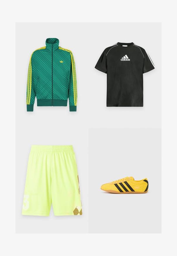 Vihreä vetoketjullinen takki, jossa on geometrinen kuvio, keltaiset raidoitukset hihoissa, korkea kaulus ja logo rinnassa. Kevyt kangastuntuma.; Musta lyhythihainen T-paita, jossa valkoinen Adidas-logo rinnassa ja valkoiset raidat harteilla. Valmistettu sileästä kankaasta, rento istuvuus.; Neon keltaiset urheilushortsit joustavalla vyötärönauhalla, jossa on valkoinen "3" logo ja kultainen geometrinen kuvio alempana oikealla puolella.; Keltainen urheilukenkä, jossa on kuvioitu päällinen, mustat raidat ja logo. Pyöristetty kärki, pehmeä pohja ja siksak-kuvio materiaalissa.