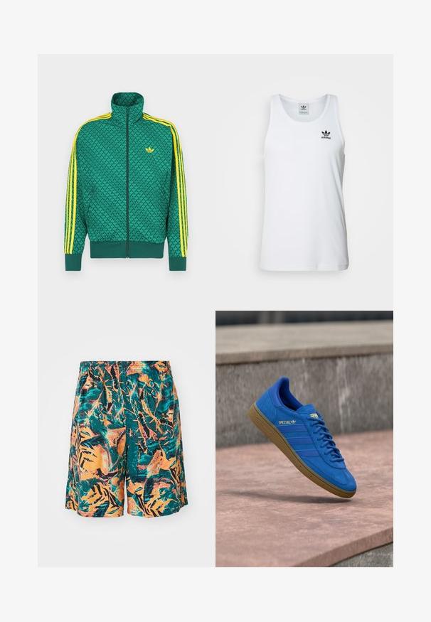Chaqueta verde con cremallera y patrón geométrico, con franjas amarillas en las mangas, cuello alto y logo en el pecho. Textura de tela ligera.; Top sin mangas blanco con canalé y escote redondo, logo negro de Adidas en el lado izquierdo del pecho. Material de algodón suave, corte casual.; Bañador con un patrón de hojas de jungla en naranja, verde azulado y negro, fabricado en tejido liviano y con una cinturilla elástica para mayor comodidad.; Zapatilla Adidas Spezial azul con suela de goma, cordones atados, suspendida sobre una superficie de piedra lisa cerca de una pared de hormigón gris.