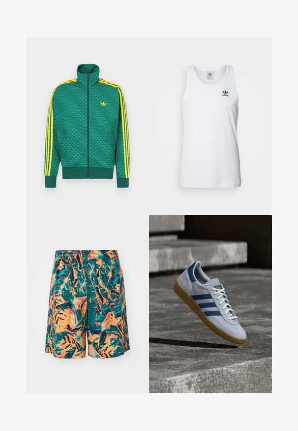 Groen jack met ritssluiting en geometrisch patroon, gele strepen op de mouwen, hoge kraag en logo op de borst. Lichtgewicht stoftextuur.; Witte geribde tanktop met ronde hals, zwarte Adidas-logo op de linkerborst en zonder mouwen. Zachte katoenen stof, casual pasvorm.; Zwemshorts met een oranje, teal en zwart junglebladpatroon, gemaakt van lichte stof met een elastische tailleband voor comfort.; Lichtblauwe Adidas Spezial sneaker met marineblauwe strepen en rubberen zool, getoond in de lucht boven betonnen trappen in een neutrale buitenomgeving.
