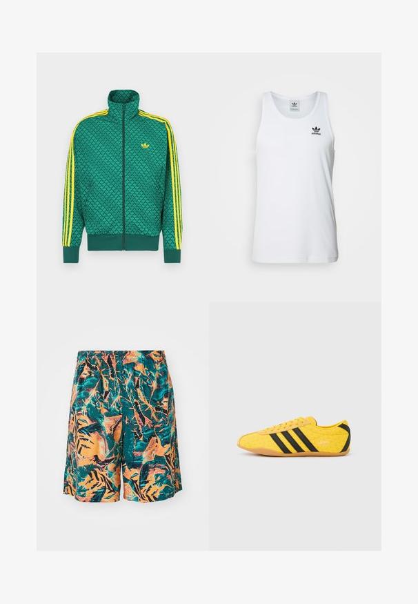 Roheline lukkuga jakk geomeetrilise mustriga, kollaste triipudega varrukatel, kõrge krae ja rinnal logo. Kerge kangas.; Valge sooniline tank top ümmarguse kaelusega, must Adidas logo vasakul rinnal ning ilma varrukateta. Pehme puuvillane materjal, juhuslik sobivus.; Ujumisšortid, millel on oranž, teal ja must džungli lehtede muster, valmistatud kergetest materjalidest, millel on mugav elastne vöökoht.; Kollane sportlik jalanõu tekstuurse pealiskihiga, millel on mustad triibud ja logo. Ümar nina, pehme tallaosa ning materjalil siksakmuster.