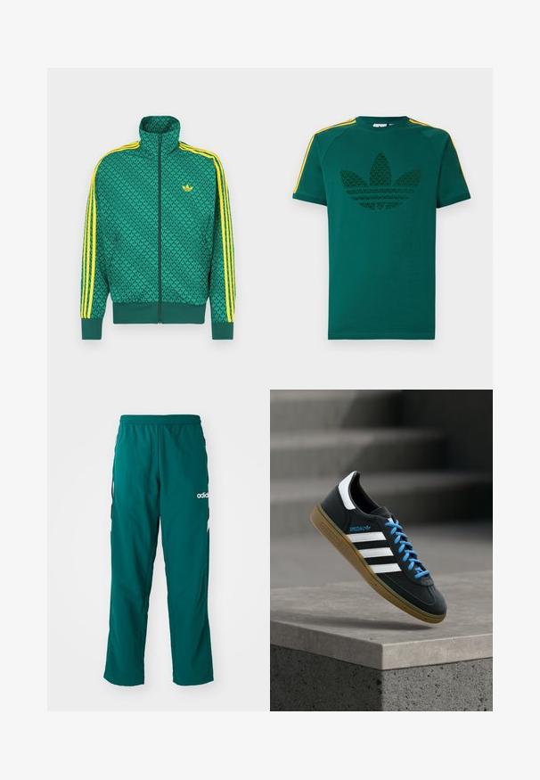 Grüne Reißverschlussjacke mit geometrischem Muster, gelben Streifen an den Ärmeln, hohem Kragen und Logo auf der Brust. Leichtes Stoffmaterial.; Grünes T-Shirt mit kurzen Ärmeln, dunkelgrünem Adidas-Trefoil-Logo und gelben Streifen auf den Schultern vor weißem Hintergrund.; Grüne Sporthose aus leichtem Material, mit elastischem Bund, seitlichen Taschen und weißem Adidas-Logo auf der linken Seite.; Schwarzer Adidas-Sneaker mit weißen Streifen, blauen Schnürsenkeln und Gummisohle, der über einer grauen Betontreppe im weichen Licht schwebt.