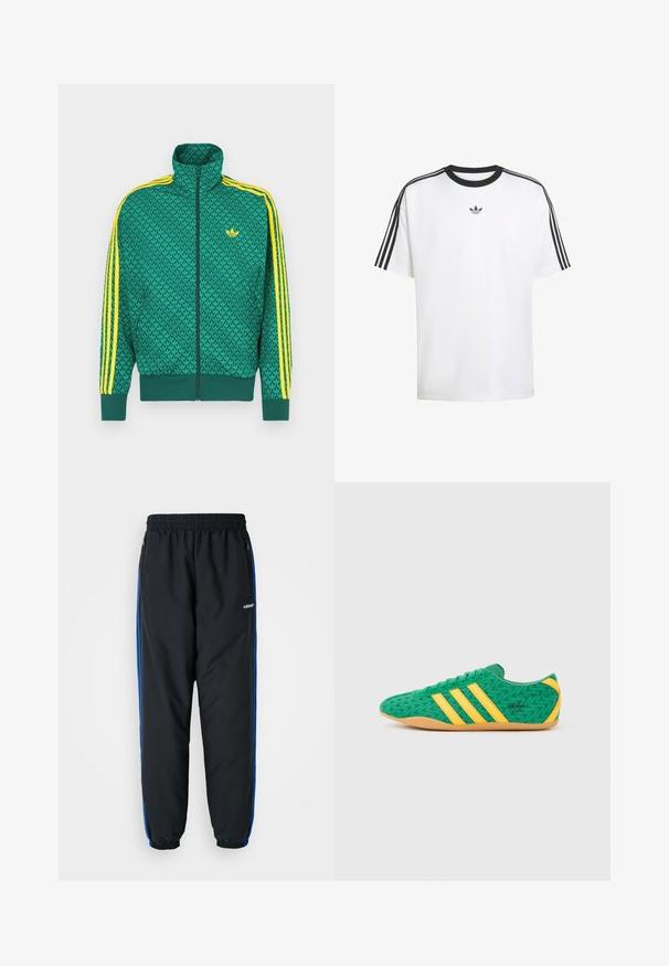 Grøn lynlåstrøje med geometrisk mønster, gule striber på ærmerne, høj krave og logo på brystet. Letvægtsstofstruktur.; Hvid t-shirt med korte ærmer og sort rund krave, der har tre sorte striber på hver skulder og et lille sort logo på brystet.; Sorte atletiske bukser med elastisk talje, blå sideløb, lynlåslommer og tætsiddende benafslutninger for en stram pasform. Lavet af let materiale.; Grønne tekstilsneakers med gule detaljer og tre striber, med et zigzag-mønster og en sål af gummigummi.