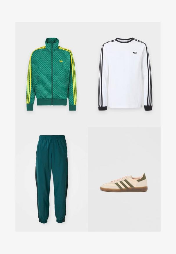 Roheline lukkuga jakk geomeetrilise mustriga, kollaste triipudega varrukatel, kõrge krae ja rinnal logo. Kerge kangas.; Valge pika varrukaga Adidas särk musta ümarkaeluse, mustade varrukaäärte ning kolme musta triibuga varrukatel ja musta kolmelehelogo rinnal.; Türkis värvi spordipüksid, millel on nööriga vöökoht, elastsed mansetid ja mustad triibud külgedel. Valmistatud kergest kangast, logoga puusade lähedal.; Madalprofiilne beež Adidas Spezial toss rohelist värvi triipude, kummist tallaga ja "SPEZIAL" brändinguga küljel, nähtav välisküljelt.