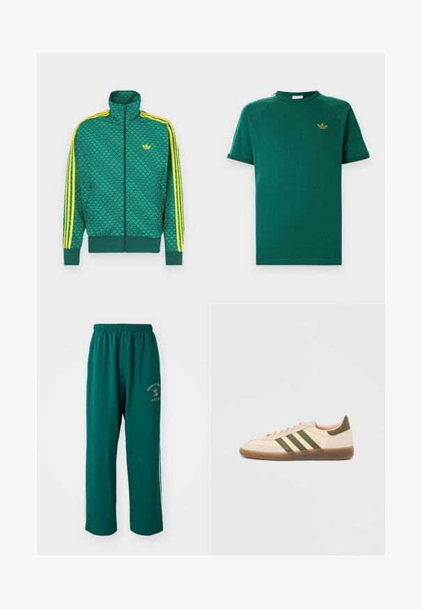 Grüne Reißverschlussjacke mit geometrischem Muster, gelben Streifen an den Ärmeln, hohem Kragen und Logo auf der Brust. Leichtes Stoffmaterial.; Grünes Adidas-T-Shirt mit kurzen Ärmeln und Rundhalsausschnitt, goldenem Trefoil-Logo auf der Brust und weißen Streifen mit grünen Kanten entlang der Schultern.; Grüne Sporthose aus glattem Stoff, mit elastischem Bund, Logo-Druck auf einer Seite und weißen Seitennähten. Normale Passform.; Flacher, beigefarbener Adidas Spezial Sneaker mit grünen Streifen, Gummisohle und "SPEZIAL" Schriftzug an der Seite, von der Außenseite gezeigt.