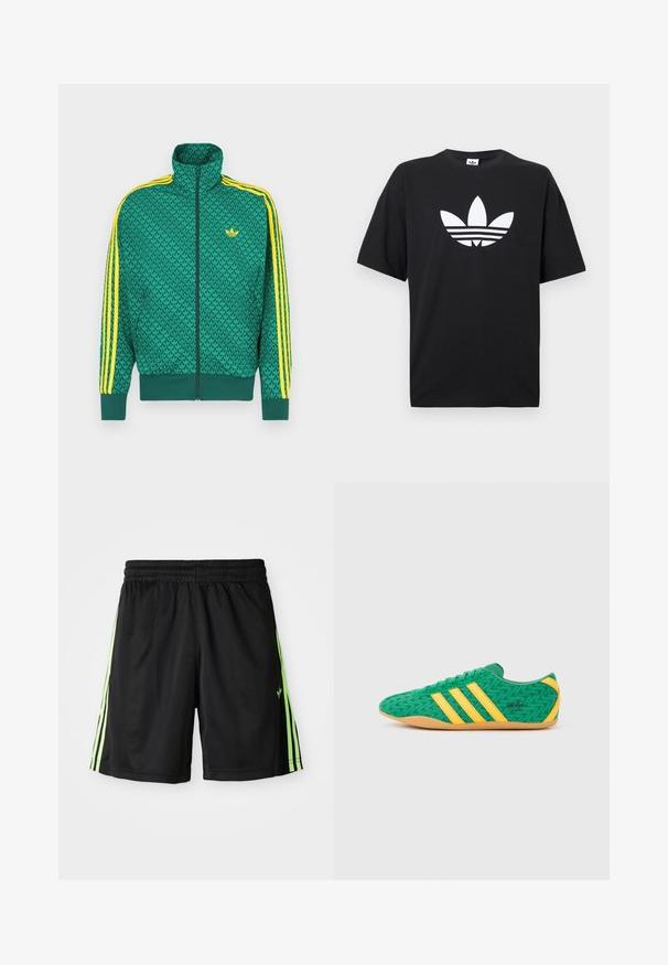 Veste zippée verte avec un motif géométrique, des rayures jaunes sur les manches, un col haut et un logo sur la poitrine. Texture de tissu léger.; T-shirt en coton noir à manches courtes, avec un grand logo Adidas blanc et trois bandes horizontales en bas. Design classique à col rond.; Shorts de sport noirs avec une taille élastique, présentant deux bandes verticales vert fluo de chaque côté et un petit logo sur le devant à gauche.; Baskets en textile vert avec des accents jaunes et trois bandes, un motif en zigzag et une semelle en caoutchouc gomme.