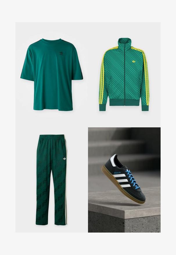 Groen jack met ritssluiting en geometrisch patroon, gele strepen op de mouwen, hoge kraag en logo op de borst. Lichtgewicht stoftextuur.; Teal katoenen T-shirt met korte mouwen, ronde hals en zwarte zijstrepen. Bevat een klein zwart logo op de borst.; Donkergroene sportbroek met subtiele patronen met logo's, witte zijstrepen, elastische tailleband en klein wit Adidas Trefoil-logo op de rechterdij.; Zwarte Adidas-sneaker met witte strepen, blauwe veters en een gumzool die boven een grijze betonnen trede zweeft in zacht licht.