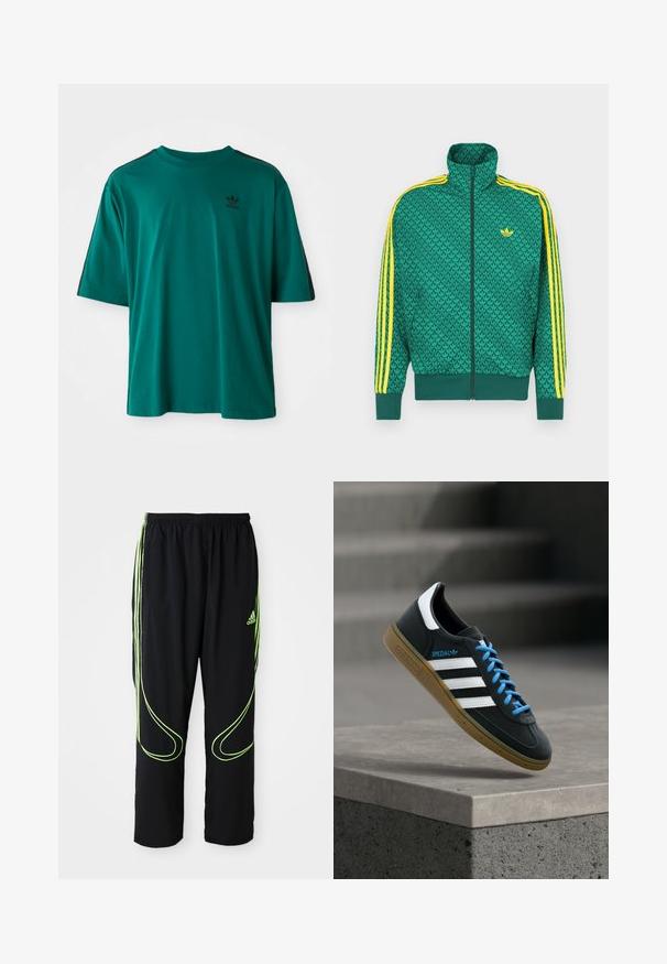 Chaqueta verde con cremallera y patrón geométrico, con franjas amarillas en las mangas, cuello alto y logo en el pecho. Textura de tela ligera.; Camiseta de algodón en color verde azulado, con mangas cortas, cuello redondo y rayas laterales negras. Presenta un pequeño logotipo negro en el pecho.; Pantalones deportivos Adidas negros con líneas curvas en verde neón y tres franjas en los laterales, cinturilla elástica y logo de Adidas en el muslo delantero.; Zapatilla negra Adidas con franjas blancas, cordones azules y suela de goma flotando sobre un escalón de hormigón gris con luz suave.