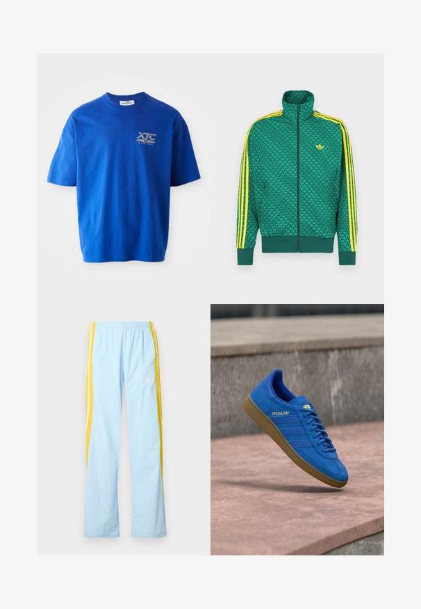Groen jack met ritssluiting en geometrisch patroon, gele strepen op de mouwen, hoge kraag en logo op de borst. Lichtgewicht stoftextuur.; Blauwe katoenen T-shirt met korte mouwen, voorzien van een grijs logo op de bovenste linkerborst, ronde hals en een relaxte fit.; Lichtblauwe sportbroek met gele strepen aan de zijkant, elastische tailleband, losse pasvorm en een subtiel logo aan de voorkant. Gemaakt van lichtgewicht materiaal.; Blauwe Adidas Spezial sneaker met rubberen zool, veters geknoopt, hangend boven een glad stenen oppervlak nabij een grijze betonnen muur.