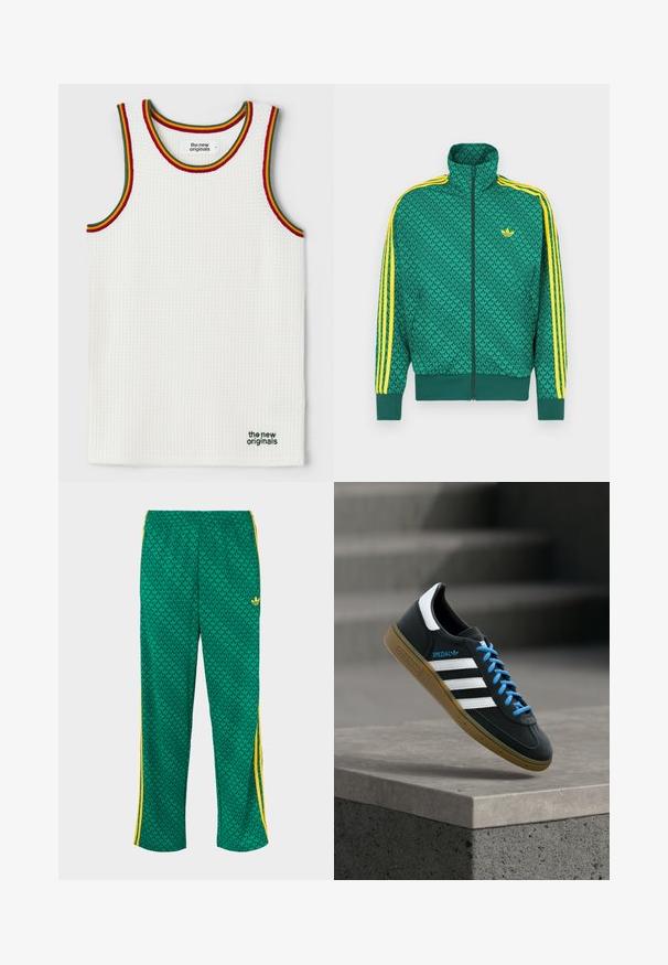 Grüne Reißverschlussjacke mit geometrischem Muster, gelben Streifen an den Ärmeln, hohem Kragen und Logo auf der Brust. Leichtes Stoffmaterial.; Weißes Tanktop mit einer strukturierten, gerippten Musterung. Abgerundet mit grünen, roten und gelben Akzenten. Das Etikett trägt die Aufschrift "the new originals" in grün.; Grüne Sporthose mit blattförmigem Muster, elastischem Bund, gelben Seitenstreifen und lockerem Schnitt.; Schwarzer Adidas-Sneaker mit weißen Streifen, blauen Schnürsenkeln und Gummisohle, der über einer grauen Betontreppe im weichen Licht schwebt.