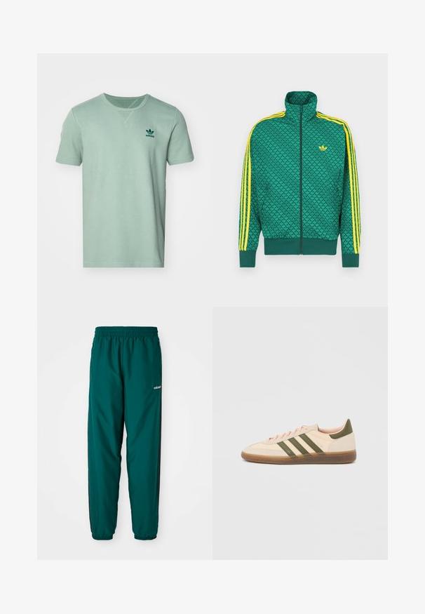 Chaqueta verde con cremallera y patrón geométrico, con franjas amarillas en las mangas, cuello alto y logo en el pecho. Textura de tela ligera.; Camiseta de manga corta color menta con un patrón texturizado, cuello redondo y logo de adidas en verde oscuro en el lado izquierdo del pecho.; Pantalones deportivos verdes de tela ligera, con cintura elástica, bolsillos laterales y franjas laterales negras. Logo de Adidas visible.; Zapatilla Adidas Spezial beige de perfil bajo con rayas verdes, suela de goma y la marca "SPEZIAL" en el lateral, vista desde el lado exterior.