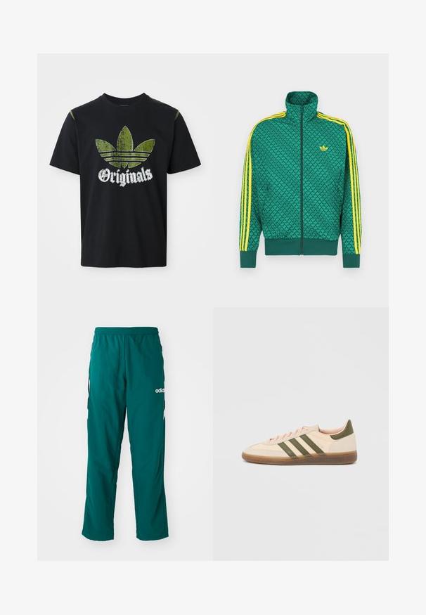 Grüne Reißverschlussjacke mit geometrischem Muster, gelben Streifen an den Ärmeln, hohem Kragen und Logo auf der Brust. Leichtes Stoffmaterial.; Schwarzes Baumwoll-T-Shirt mit einem abgenutzten grünen Grafikdesign, das drei Streifen zeigt, sowie dem Wort "Originals" darunter in Weiß. Rundhalsausschnitt, kurze Ärmel.; Grüne Sporthose aus leichtem Material, mit elastischem Bund, seitlichen Taschen und weißem Adidas-Logo auf der linken Seite.; Flacher, beigefarbener Adidas Spezial Sneaker mit grünen Streifen, Gummisohle und "SPEZIAL" Schriftzug an der Seite, von der Außenseite gezeigt.