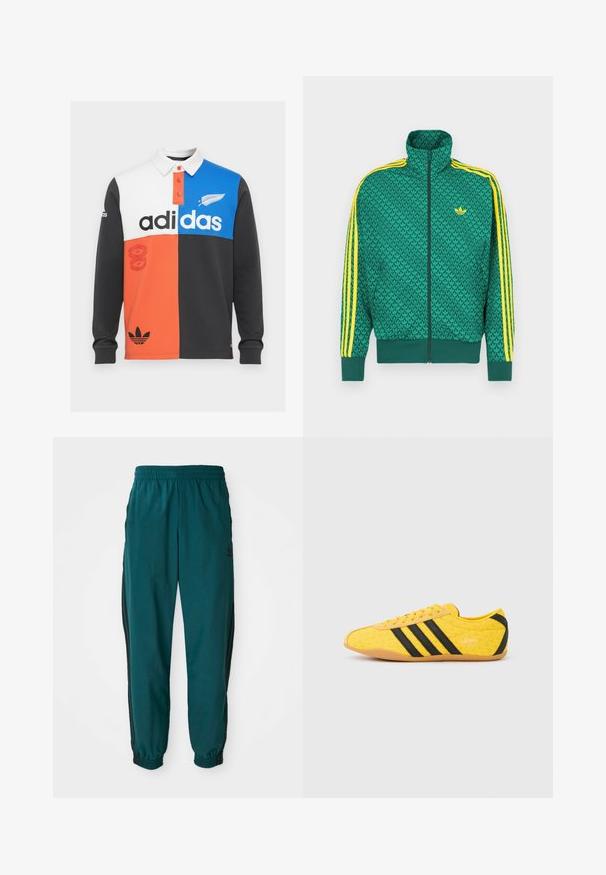 Grøn lynlåstrøje med geometrisk mønster, gule striber på ærmerne, høj krave og logo på brystet. Letvægtsstofstruktur.; Farvet opdelt langærmet polo shirt i sort, hvid, orange og blå, med krave, knaplukning og fremtrædende Adidas branding.; Teal sportsbukser med snoretræk i taljen, elastiske manchetter og sorte striber på siden. Lavet af letvægtsstof med et logo nær hoften.; Gul atletiksko med en tekstureret overdel, der har sorte striber og logo. Rundt tå, blød sål og zigzag-mønster på materialet.
