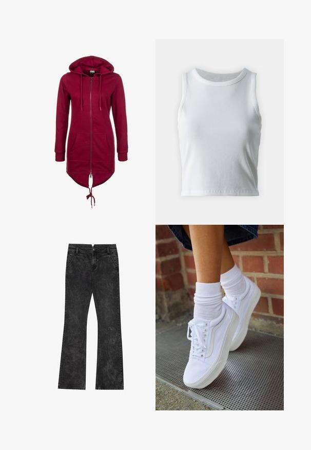 Bordeaux hættetrøje med lynlås, snøre i hætten, lange ærmer og forlommer; har en længere ryg og elastiske manchetter.; Hvid ribbet tanktop med rund halsudskæring og ærmeløs design, med en lige kant og en glat, strækbar tekstur.; Sorte flared jeans med en distressed tekstur, der har en knaplukning, bæltestropper og fire lommer.; Hvide lærreds sneakers med gummisåler, der har seks snørehuller, rund tå og let sømdetaljer, krydret med hvide ankelstrømper.