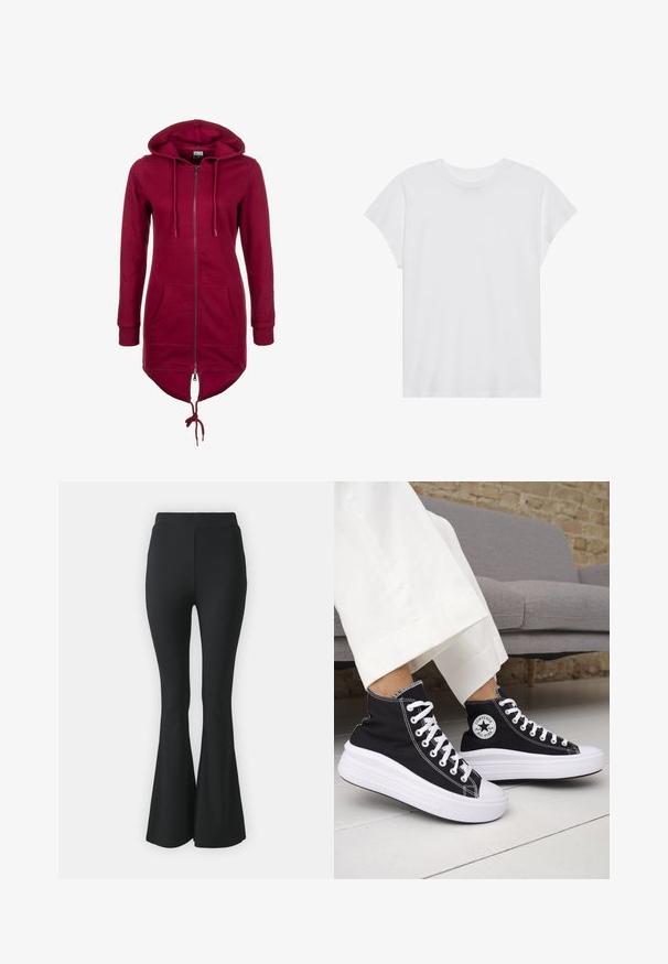 Bordeaux hættetrøje med lynlås, snøre i hætten, lange ærmer og forlommer; har en længere ryg og elastiske manchetter.; Hvid kortærmet t-shirt med rund hals, afslappet pasform, lavet af blødt bomuldsstof. Glat tekstur, ingen mønstre eller logoer.; Sorte buks med flared design lavet af strækbart stof. Har en høj talje og et glat, tætsiddende design, der flared ud fra knæet og ned.; Sorte sneakers med højt skaft, hvide gummisåler og snørebånd. Har en rund logo-patch og kontrasterende hvide syninger. Fremstillet af lærredsmateriale.