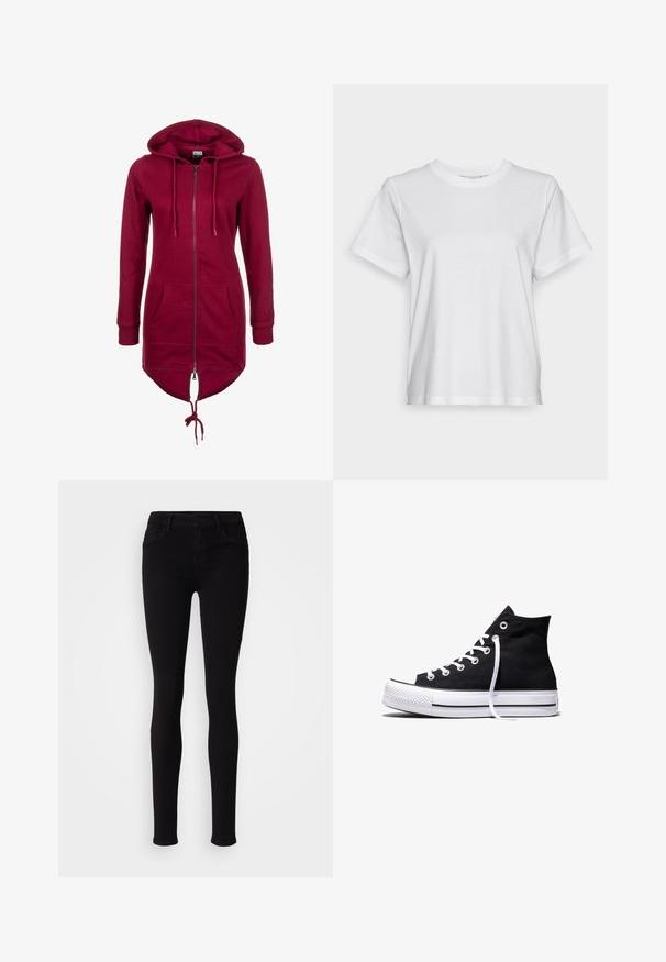 Bordeaux hoodie met rits, trekkoord capuchon, lange mouwen en voorkruiken; heeft een langere achterkant en elastische manchetten.; Witte katoenen t-shirt met korte mouwen, ronde hals en een ontspannen pasvorm. Soepele textuur, zonder patroontjes of graphics, basisontwerp.; Zwarte slim-fit broek met knoopsluiting, riemlussen en zijzakken, weergegeven tegen een effen lichte achtergrond.; Zwarte hooggesloten canvas sneaker met witte rubberen zool en witte veters, zijwaarts weergegeven op een witte achtergrond.