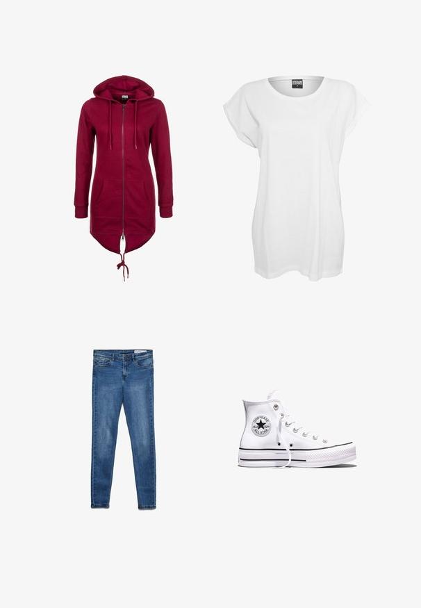 Burgunderfarbener Hoodie mit Reißverschluss, Kordelzugkapuze, langen Ärmeln und frontalen Taschen; besitzt einen längeren Rücken und elastische Bündchen.; Weißes T-Shirt mit kurzen Ärmeln aus Baumwolle, das einen lässigen Schnitt, einen weiten Ausschnitt und ein minimalistisches Design ohne Muster oder Akzente aufweist.; Dunkelblaue Jeans aus Denim mit klassischem Skinny-Fit. Mit fünf Taschen, Reißverschluss und dezentem Used-Look für Struktur.; Weißer Converse Chuck Taylor All Star High-Top-Sneaker mit schwarzen Streifen und Logo-Patch an der Seite, präsentiert vor einem schlichten weißen Hintergrund.