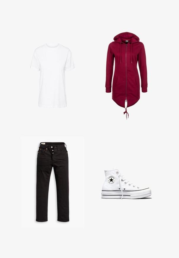 Bordeaux hoodie met rits, trekkoord capuchon, lange mouwen en voorkruiken; heeft een langere achterkant en elastische manchetten.; Witte katoenen T-shirt met korte mouwen, een ronde hals en een relaxte pasvorm, met een gladde textuur en zonder zichtbare patronen.; Zwarte rechtlopende jeans met knoopsluiting, voor- en achterzakken, en koperen klinknagels op een witte achtergrond.; Witte hoge Converse Chuck Taylor All Star sneaker met zwart logopatch en witte veters, weergegeven op een witte achtergrond.