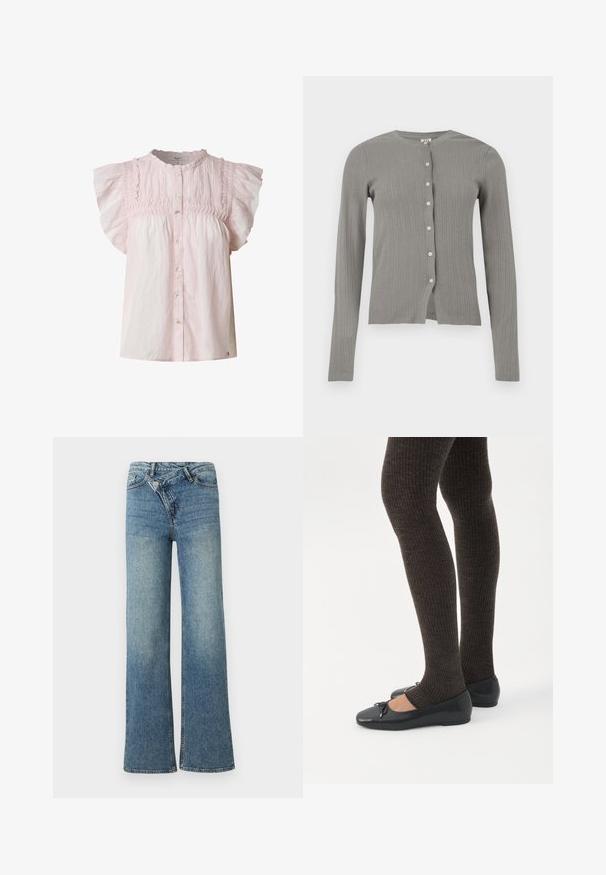 Cárdigan tejido de manga larga de color gris claro con textura acanalada vertical y seis botones blancos en la parte delantera.; Blusa rosa claro con mangas cortas abullonadas, cuerpo fruncido, escote redondo y cierre de botones en la parte frontal. Hecha de una tela ligera con una textura suave.; Vaqueros de mezclilla azul claro de pierna ancha con cintura alta, decoloración ligera y cierre de botón en la parte delantera. Cuenta con cinco bolsillos y costuras mínimas.; Piernas con leggings oscuros acanalados combinados con bailarinas negras que presentan pequeños detalles de lazo sobre un fondo blanco.