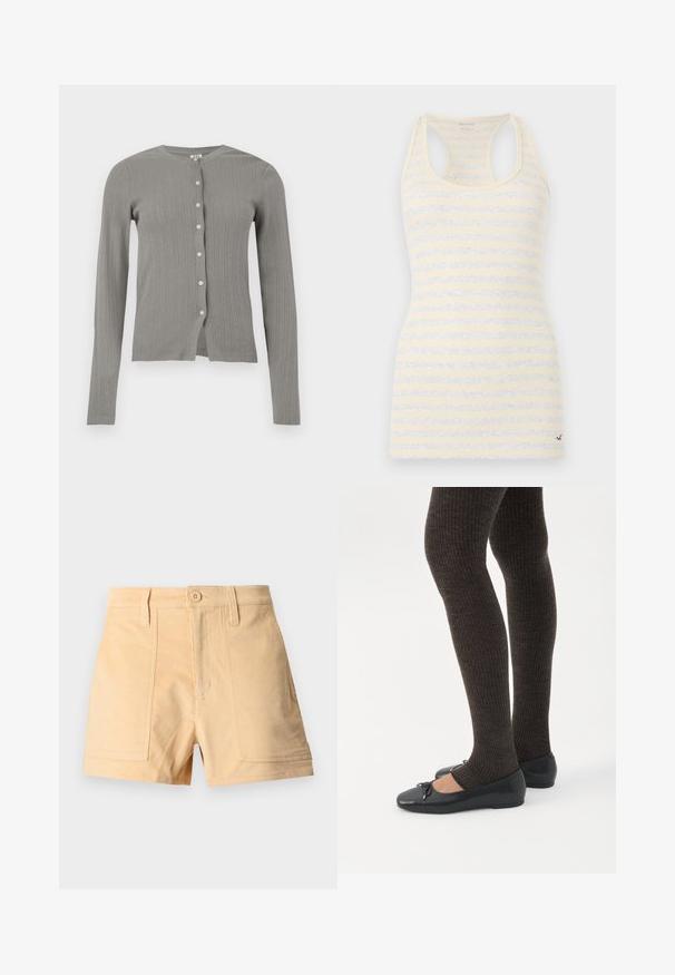 Cardigan tricoté gris clair à manches longues avec texture côtelée verticale et six boutons blancs sur le devant.; Débardeur côtelé sans manches avec dos nageur, rayures horizontales crème et gris clair, coupe ajustée et petit logo brodé en bas à droite.; Short en velours côtelé beige avec poches plaquées à l'avant, passants de ceinture et fermeture par un bouton à la taille.; Jambes portant des leggings côtelés foncés associés à des ballerines noires avec de petits détails en nœud sur fond blanc.