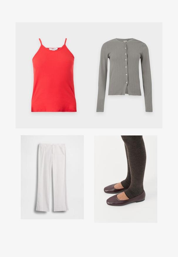 Cardigan tricoté gris clair à manches longues avec texture côtelée verticale et six boutons blancs sur le devant.; Débardeur rouge côtelé sans manches avec fines bretelles et col rond, label Topshop.; Pantalon blanc à jambes droites avec fermeture éclair et bouton à l'avant, présenté à plat sur fond blanc.; Ballerines en cuir verni bourgogne à bout carré, accompagnées de chaussettes en tricot côtelé marron foncé atteignant le molet.