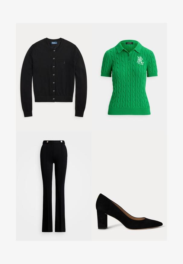 Čierny, dlhý kardigán na gombíky s okrúhlym výstrihom a jemne vyšívaným logom na ľavej strane hrude od Polo Ralph Lauren.; Zelené pletené polo tričko s vrkočovým vzorom, krátkymi rukávmi a rebrovaným golierom. Na prednej strane je vyšívané biele logo.; Čierne rozšírené nohavice z elastického materiálu, s vysokým pásom, dvoma prednými vreckami a striebornými gombíkovými ozdobami na páse.; Dámska spoločenská topánka z čierneho semiša s nízkym blokovým podpätkom, špicatou špičkou a béžovou vnútornou podšívkou na bielom pozadí.