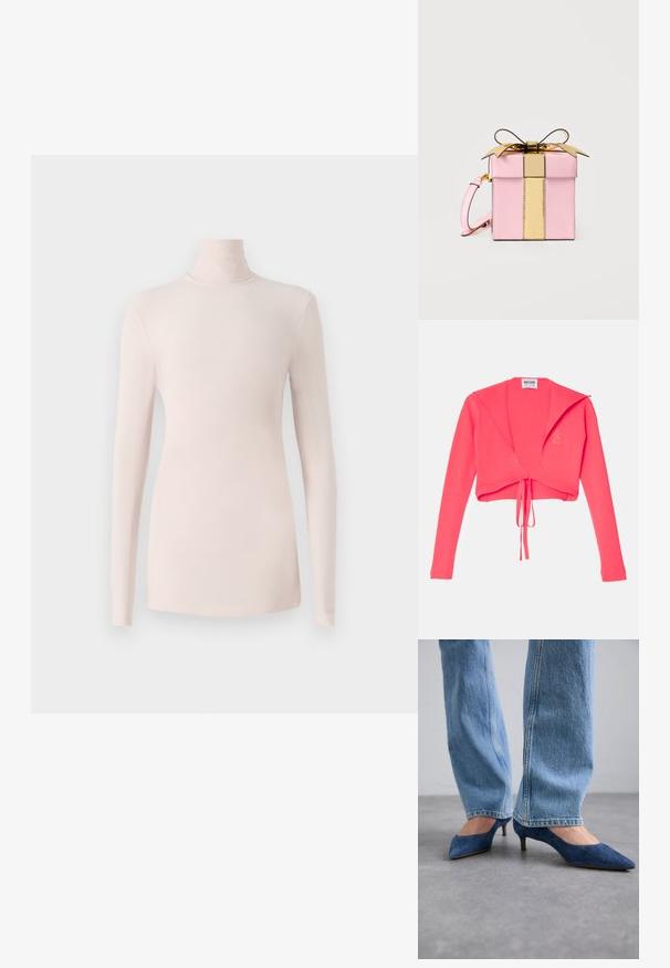 Ribaga, lühike sviiter erekroosis, pikkade varrukatega ja esiosas sõlmiga. Etiketil on sees tekst "Moschino Jeans".; Hele roosa pika varrukaga kõrgkaelusega top, mis on valmistatud pehmest ja venivast materjalist ning millel on keha järgnev lõige ja minimaalsed õmblused.; Sinised sametist kitten-kandjalised kingad terava ninaga ja madala kontsaga, kätkedes helesiniseid sirge säärega teksapükse.; Väike roosa kastikujuline käekott, millel on läikiv kuldne vertikaalne rihm ja vibu peal ning roosa randmerihm küljel.