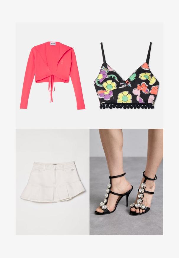 Ribbet, cropped sweater i stærk pink, med lange ærmer og en knude på fronten. Mærket siger "Moschino Jeans" indeni.; Multifarvet blomsterprint bralette med sort baggrund, trekantede skåle og sort pom-pom kant langs bunden. Justerbare stropper inkluderet.; Hvid denimnederdel med en tætsiddende talje og en udvidet plisseret kant. Inkluderer forlommer og en lille logo detalje på taljen.; Sorte højhælede sandaler med satinremme og store runde rhinestone-primær ved buen og anklen, åben tå-design.