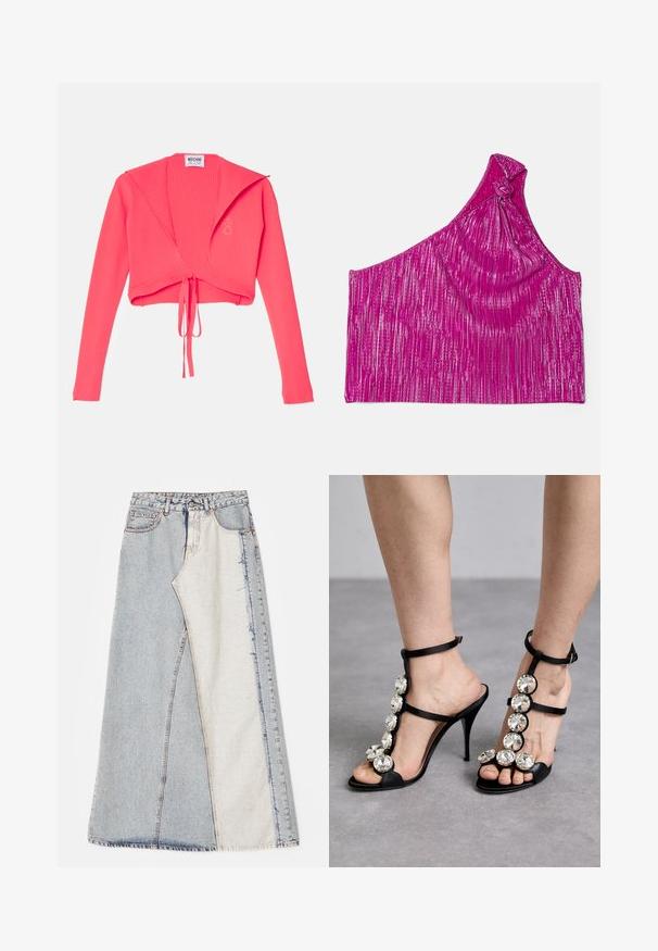 Ribbet, cropped sweater i stærk pink, med lange ærmer og en knude på fronten. Mærket siger "Moschino Jeans" indeni.; One-shoulder top i lyserødt stof med metalliske striber, der har en knyttet detalje ved skulderen og en glat, struktureret overflade.; Denim nederdel med patchwork design bestående af lyse og mellemblå sektioner, frayed kanter og høj talje. Klassisk fem-lomme stil.; Sorte højhælede sandaler med satinremme og store runde rhinestone-primær ved buen og anklen, åben tå-design.