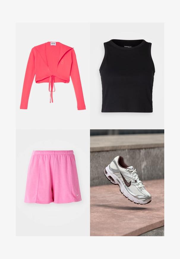 Ribaga, lühike sviiter erekroosis, pikkade varrukatega ja esiosas sõlmiga. Etiketil on sees tekst "Moschino Jeans".; Mustard ribaga lõhikuga crop top, millel on ümar kaelus ja ilma varrukateta disain. Valmistatud pehmest ja venivast kangast, millel on puhtad äärised.; Roosa sportlikud lühikesed püksid, mis on valmistatud pehmest kangast, elastse vöökohtadega ja külgmise logo aktsendiga. Sirge jala disain siledast tekstuurist.; Valge ja hõbedane Nike jooksujalats musta Swooshi logoga, mis ripub betoonpinna kohal õues.