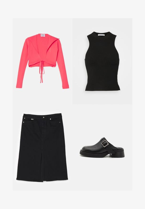 Rippstrick, verkürzter Pullover in leuchtendem Pink mit langen Ärmeln und einem Knoten am Vorderteil. Das Etikett trägt innen die Aufschrift "Moschino Jeans".; DESIGNERS REMIX MANDY TANK - Top - black; Proenza Schouler White Label MIDI SKIRT - A-Linien-Rock - black; Schwarze Lederclogs mit strukturierter Oberfläche, verstellbarem Schnallenriemen und einem stabilen Absatz. Glatte, runde Zehenform mit einer soliden schwarzen Sohle.