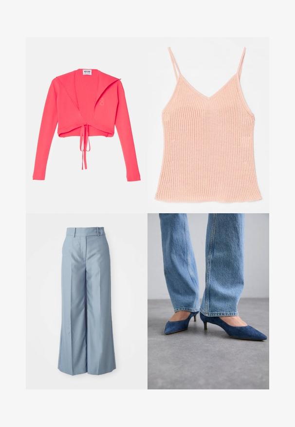 Pull côtelé court en rose vif, avec des manches longues et un nœud à l'avant. L'étiquette indique "Moschino Jeans" à l'intérieur.; Camisole en tricot de couleur pêche, avec des bretelles réglables fines, un décolleté en V, une texture côtelée et un ourlet droit.; Pantalons larges bleu clair en tissu lisse avec une taille haute, deux boutons à l'avant et des coutures repassées pour un look sophistiqué.; Des escarpins en suedine bleue avec des bouts pointus et un petit talon, assortis à un jean en denim bleu clair avec une coupe droite.