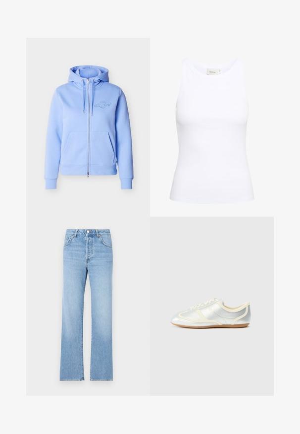 Lichtblauwe hoodie met ritssluiting, voorzakken, capuchon met trekkoord, geribbelde manchetten en een klein geborduurd logo op de linkerborst.; Witte geribde tanktop met een ronde halslijn en zonder mouwen. Rekbaar materiaal en een aansluitend ontwerp. Het label op de achterkant zegt "GESTUZ."; Lichtblauwe denim jeans met een rechte pijp, hoge taille, vijf zakken, knoopsluiting en subtiele vervaging door het hele fabric.; Zilverkleurige synthetische sneakers met crème accenten, laag profiel, afgeronde neus en platte rubberen zool; voorzien van klassieke stiksels en vetersluiting.