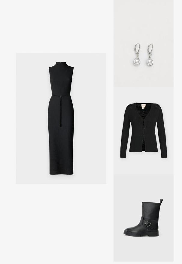 Musta ribbineulottu neuletakki, jossa pitkät hihat, V-aukko ja kolme nappia edessä, sisäpuolella Calvin Klein -etiketti kauluksessa.; Musta ilmanhihaista mekkoa, jossa on korkea kaulus, tekstiiliohjelma, kapea siluetti ja vyötärösolki, jossa on pyöreä koriste.; Mustat nahkaiset nilkkurit pyöreällä varvasta, littealla pohjalla ja hopeisella soljella sivussa. Takana on vetotappi.; Hopeiset koukku korvakorut, joissa on päärynänmuotoiset kirkkaat kristallit, joissa on faacettoitu pinta, roikkuvat pienestä pyöreästä korostus yksityiskohdasta.