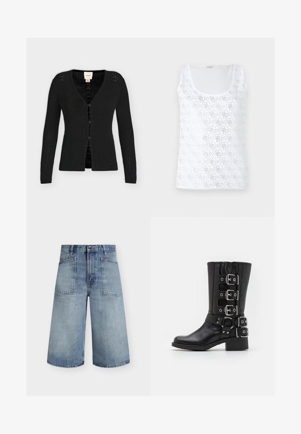 Musta ribbineulottu neuletakki, jossa pitkät hihat, V-aukko ja kolme nappia edessä, sisäpuolella Calvin Klein -etiketti kauluksessa.; Valkoinen hihaton toppi, jossa on timantinmuotoinen rei'itetty kuvio. Pyöreä pääntie; pehmeä, sileä kankaan tuntu.; Vaaleansiniset farkkushortsit korkealla vyötäröllä, leveillä lahkeilla, etutaskuilla, vyölenkeillä ja napillisesti kiinnitettävät.; Musta nahkasaapas, jossa on korkea varsi, useita hopeisia solkia ja hihnoja, pyöreä yksityiskohta ja tukeva korko. Matta pinta.