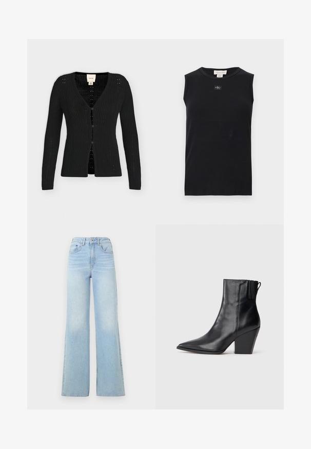 Zwarte ribgebreide cardigan met lange mouwen, V-hals en drie knopen aan de voorkant, met Calvin Klein-label aan de binnenkant van de kraag.; Zwart mouwloos, geribbeld tanktop met ronde hals en een klein Calvin Klein-logoplaatje in het midden onder de kraag.; Lichtblauwe high-waisted jeans met een ontwerp met wijde pijpen. Beschikt over vijf zakken en een knoopsluiting, gemaakt van denim met een lichte vervaging.; Zwarteleren enkellaarsjes met een spitse neus, textuur bovenwerk en chunky hoge hak. Voorzien van een zij-elastisch paneel voor eenvoudig aan- en uittrekken.