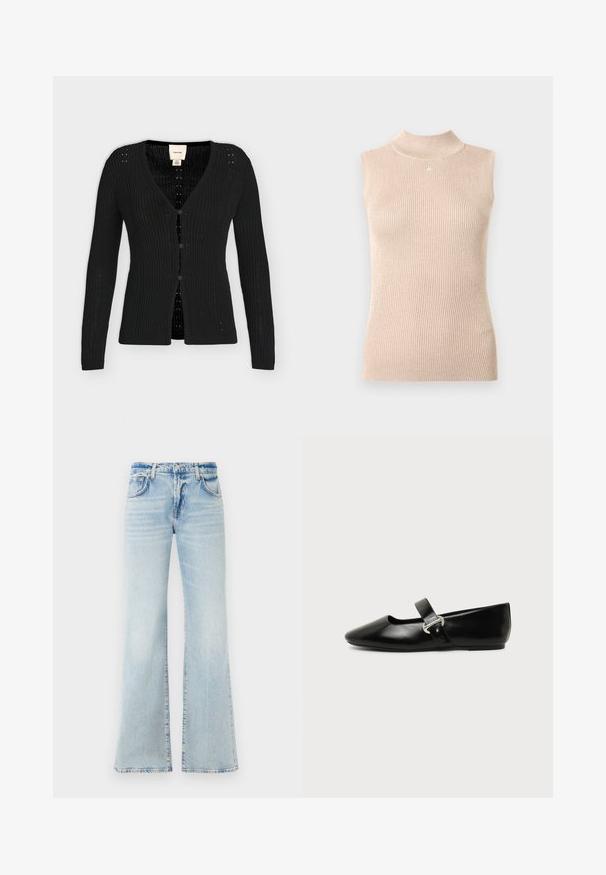 Sort ribstrikket cardigan med lange ærmer, V-hals og tre knapper foran, mærket Calvin Klein på inderkraven.; Ærmeløs top med høj hals i blød beige ribstrikket stof. Har en diskret glans, figursyet pasform og en lille logoaccents ved halsudskæringen.; Udsvingende lys blå denimjeans med en blød tekstur, fem lommer og knaplukning. Har en afbleget effekt for et slidt udseende.; Sort læder Mary Jane-flad sko med rundet tå og sølvspænde på ensfarvet baggrund.