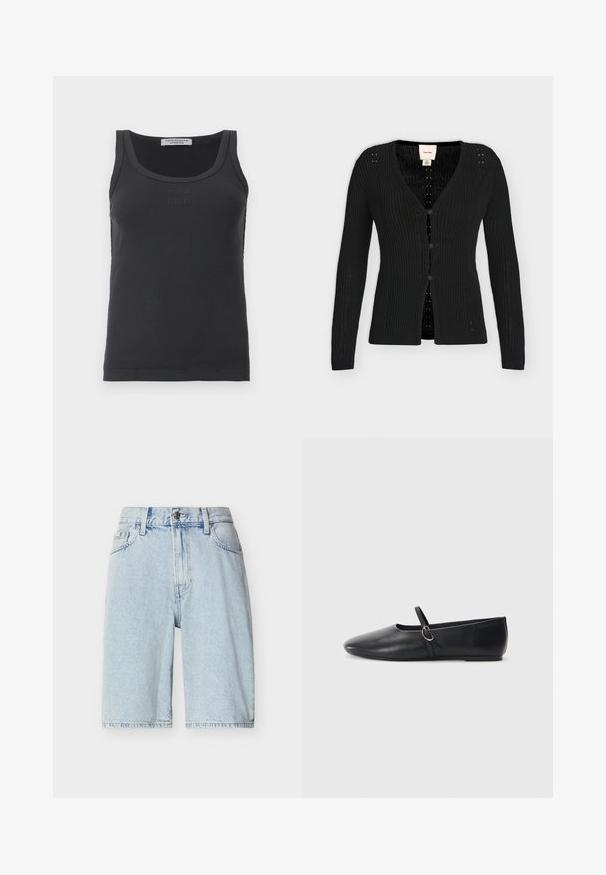 Cardigan en maille côtelée noire avec manches longues, col en V et trois boutons sur le devant, étiquette Calvin Klein à l'intérieur du col.; Débardeur noir côtelé sans manches avec encolure ronde et logo discret en relief "Copenhagen Studios" sur la poitrine.; Shorts en denim bleu clair à taille haute, fermeture par bouton et zip, passants pour ceinture, et poches avant.; Ballerines noires en cuir avec un bout pointu, une semelle plate et une petite sangle avec un détail de boucle en argent.