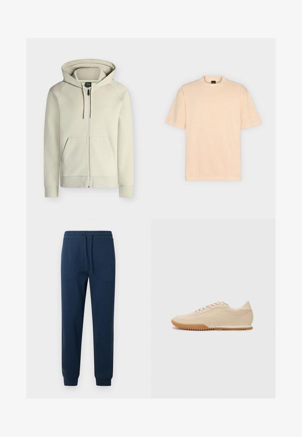 Sweat à capuche zippé beige clair avec poches frontales, capuche avec cordon et logo discret "BOSS" sur la poitrine gauche.; T-shirt beige uni à manches courtes avec col rond et étiquette BOSS à l'intérieur du col arrière, présenté sur un fond gris clair.; Pantalon de survêtement bleu marine avec taille élastique, cordon de serrage, poches latérales et poignets côtelés aux chevilles.; Baskets en daim beige au design épuré, présentant une tige texturée, un bout rond et une semelle en caoutchouc avec un motif en zigzag.