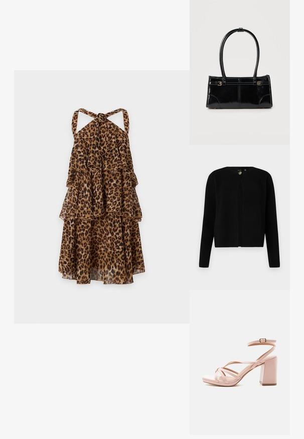 Vero Moda Knitted VMMARINA Knit - Vest - black; Jurk met luipaardprint, halternek en geknoopte achterkant. Heeft drie geplooide lagen en een transparante, lichte stof. Bruin en tan kleurenschema.; Lichtroze dames sandaal met hak, gekruiste bandjes en enkelgesp op blokhak tegen een witte achtergrond.; Glanzend zwart rechthoekig handtasje met twee dunne schouderbanden en kleine gouden gespsdetails aan de voorkant.