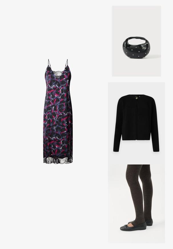 Vero Moda Knitted VMMARINA Knit - Kardigan - black; Lillelille kleit, millel on tume taust ja erksad roosa ja sinise mustrid, õhukesed rihmad ja pitsaline äär all.; Jalad seljas tumedad soonelises soonelises kombines mustade baleriinadega, millel on väikesed paelade detailid valgel taustal.; Mustast nahast ümmarguse kujuga käekott, kaunistatud hõbedaste naeladega, lühikese sangaga. Sile tekstuur ja tõmblukuga sulgemine.
