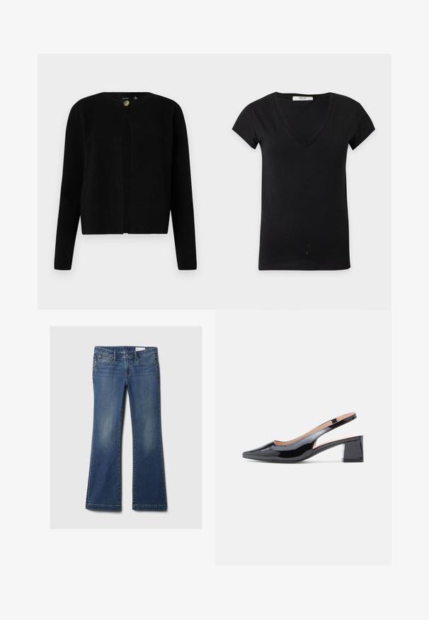 Vero Moda Knitted VMMARINA Knit - Cardigan - black; Sort T-shirt med korte ærmer og V-udskæring med lille synligt Replay-mærke inde i kraven mod en ensartet lys baggrund.; Blå denim flared jeans med fem lommer, kobbernitter, subtilt slid, og et klassisk taljebånddesign. Lige skåret kant forneden.; Sort laklæder slingback-sko med hæl, spids tå og robust blokhæl, med udskæringsdetalje på siderne.