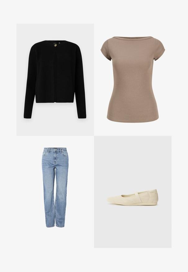 Vero Moda Knitted VMMARINA Knit - Kardigán - black; Top krátky rukáv s rebrovanou štruktúrou v taupe farbe s lodičkovým výstrihom a priliehavým pásom, zobrazený na bielom pozadí.; Svetlomodré rifle s vysokým pásom a rovnými nohavicami, so zapínaním na predné gombíky a zips, pevnými slučkami na opasok a päťdierkovým dizajnom.; Béžové baletky s hladkým koženým povrchom, mandľovým tvarom špičky a elastickým pásikom cez priehlavok, so subtílnymi švovými detailmi.