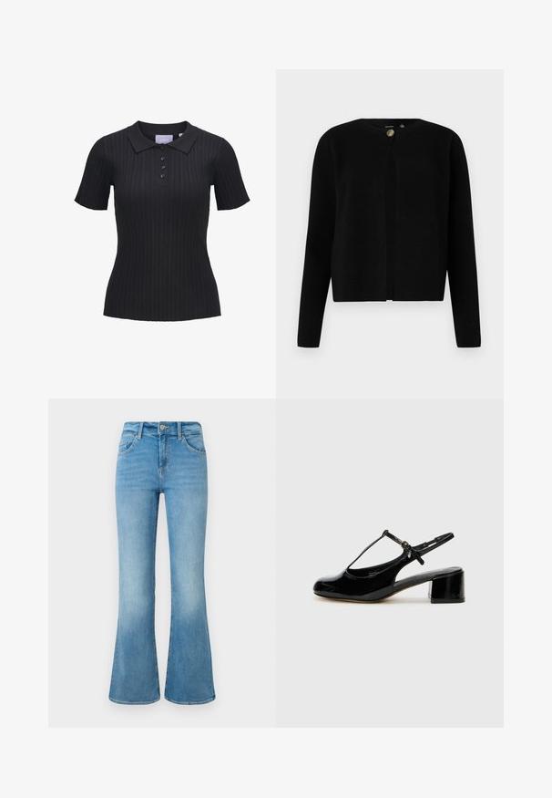 Vero Moda Knitted VMMARINA Knit - Strickjacke - black; Schwarzes, kurzärmeliges, geripptes Poloshirt mit vier Knöpfen und klassischem Kragen.; Hellblaue Denim-Flaggenjeans mit Fronttaschen, Gürtelschlaufen und einer Knopfverschlus gegen einem weißen Hintergrund.; Schwarzer Lackleder Slingback-Schuh mit einem T-Riemen-Design, runder Zehenform und einem niedrigen Blockabsatz. Verfügt über einen flexiblen Knöchelriemen.