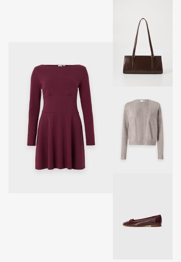 Lys beige cardigan lavet af blødt stof, med en cropped længde, åben front design, lange ærmer og ribbede manchetter.; Langærmet, vinrød knælængde kjole med tilpasset talje og bådhals, vist på en ensfarvet hvid baggrund.; Bordeaux læder balletflade med spids tå, en lille sløjfe accent og en tekstureret finish. Lav træhæl.; Brun lakeret håndtaske med rektangulær form, to lange håndtag og subtile buede detaljer på fronten.