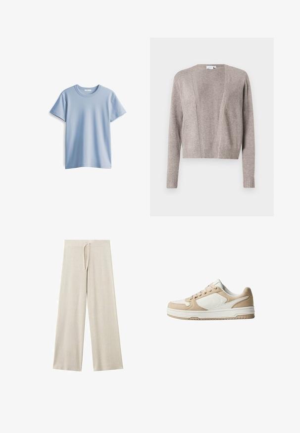 Lichtbeige cardigan van zachte stof, met een cropped lengte, open voorkant, lange mouwen en ribbels aan de manchetten.; Lichtblauwe katoenen t-shirt met een ronde hals en korte mouwen. Glad textuur en rechte zoom, eenvoudig en klassiek ontwerp.; Beige gebreide broek met brede pijpen en een taillekoord, gemaakt van zachte, lichte stof.; Beige en witte sneaker met een bovenwerk van glad leer, vetersluiting, gevoerde kraag en een rubberen zool met structuur. Zijkantdetail zichtbaar.